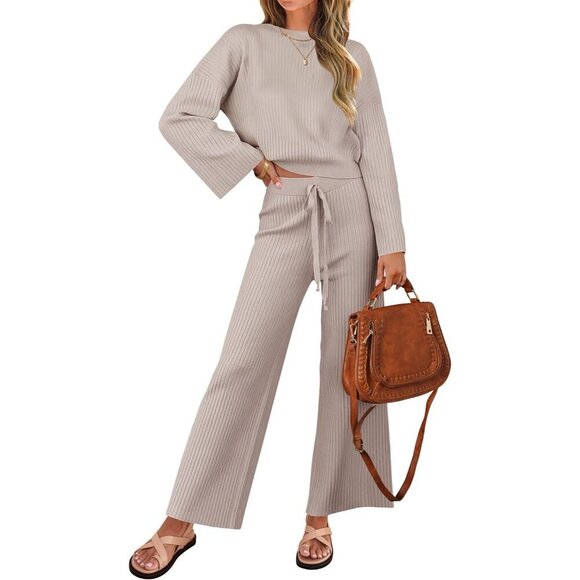 Other - Women's Knit 2 Piece Set Long Sleeve Pullover Wide Leg Pants Lounge Casual